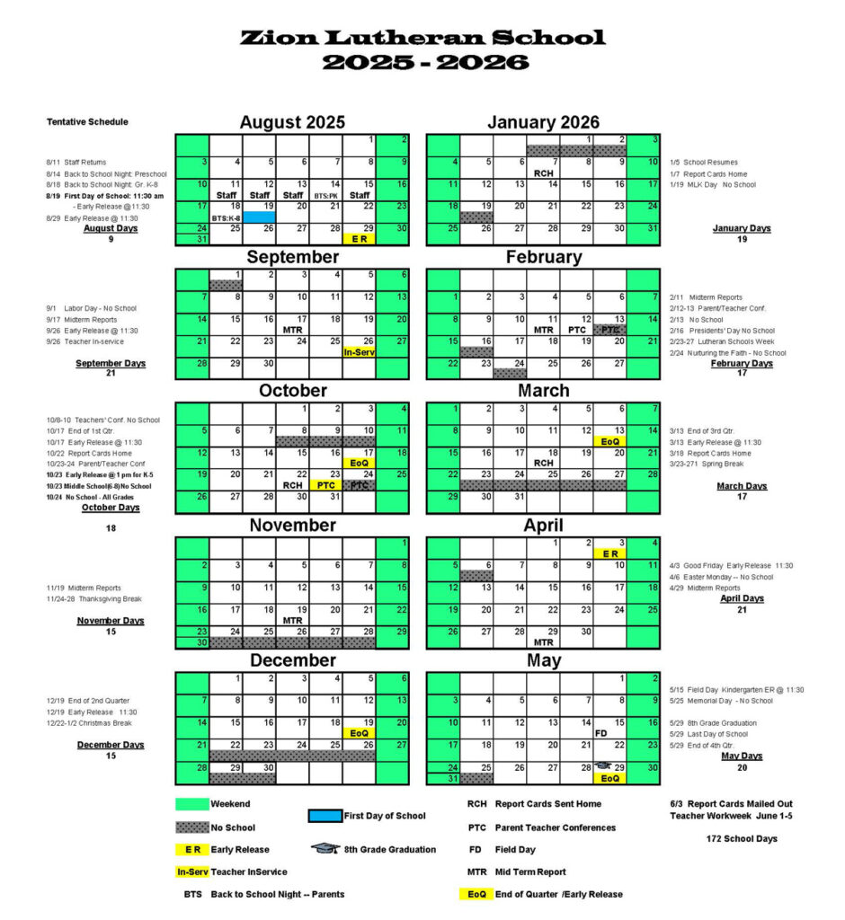 2025-2026 | School Calendar | Zion Lutheran School Brighton Colorado